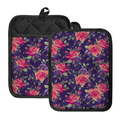Rose Pansy Floral Flower Pattern Print Pot Holders With Pocket