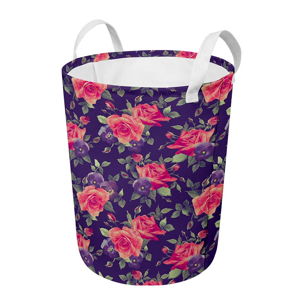 Rose Pansy Floral Flower Pattern Print Round Laundry Basket