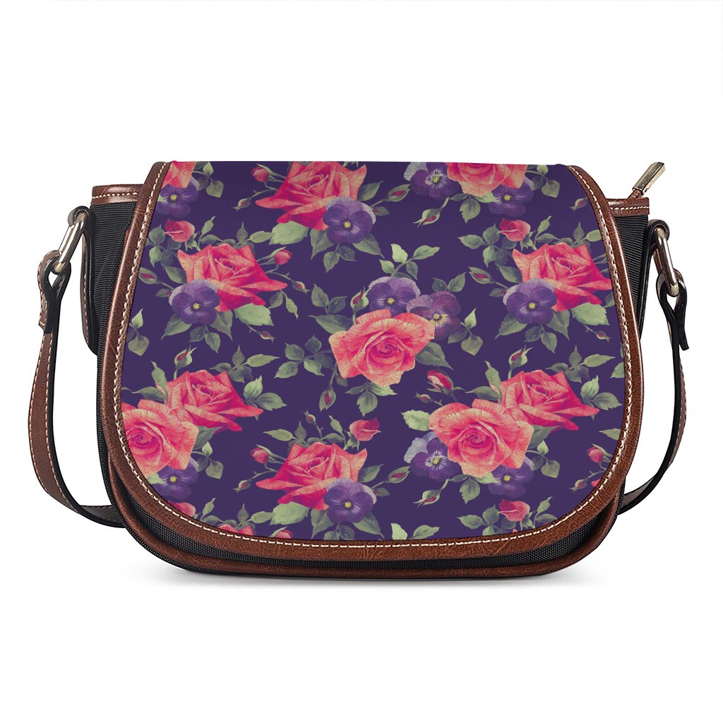 Rose Pansy Floral Flower Pattern Print Saddle Bag
