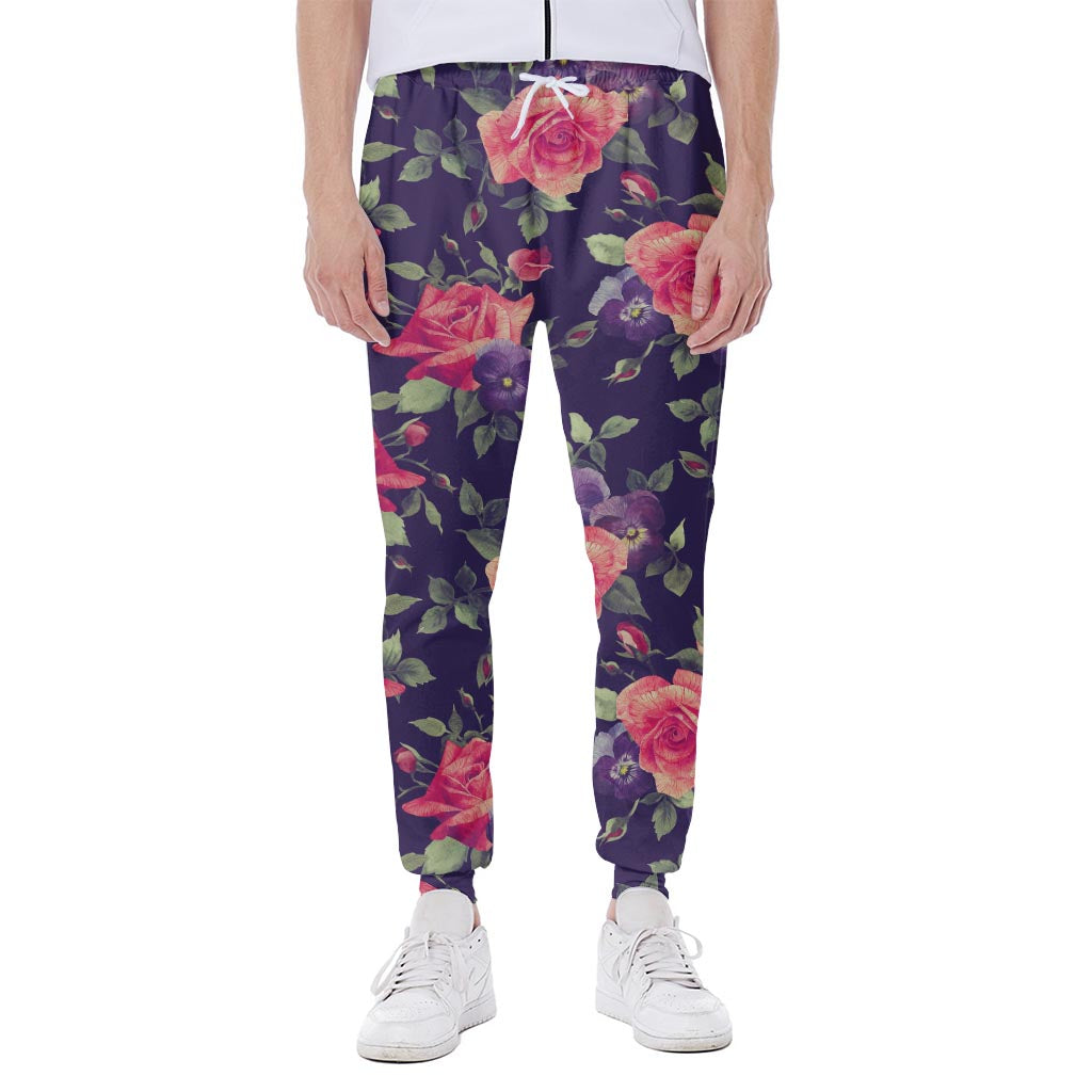 Rose Pansy Floral Flower Pattern Print Scuba Joggers