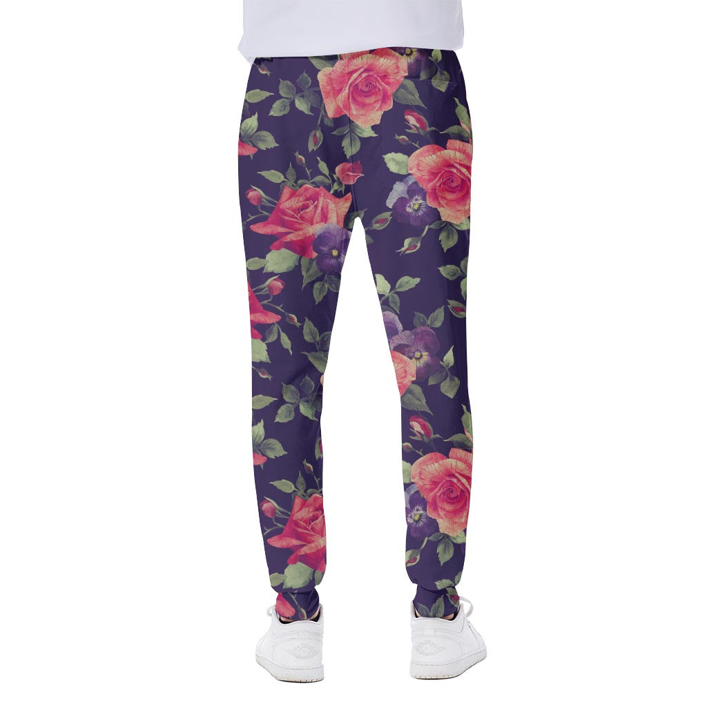 Rose Pansy Floral Flower Pattern Print Scuba Joggers