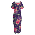 Rose Pansy Floral Flower Pattern Print Short Sleeve Long Nightdress