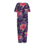 Rose Pansy Floral Flower Pattern Print Short Sleeve Long Nightdress