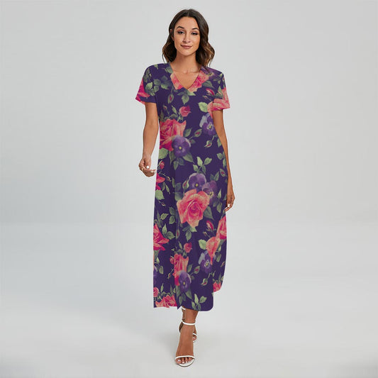 Rose Pansy Floral Flower Pattern Print Short Sleeve Maxi Dress
