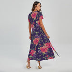 Rose Pansy Floral Flower Pattern Print Short Sleeve Maxi Dress