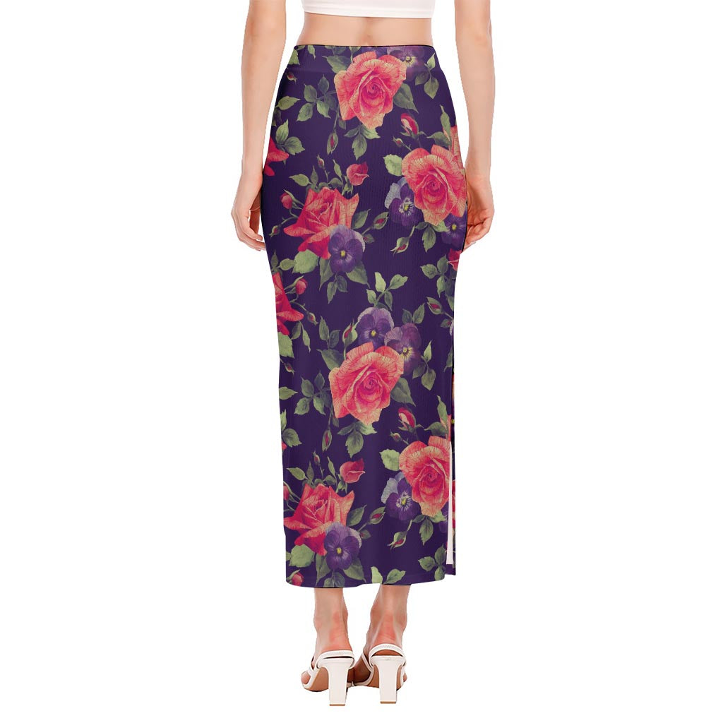 Rose Pansy Floral Flower Pattern Print Side Slit Maxi Skirt