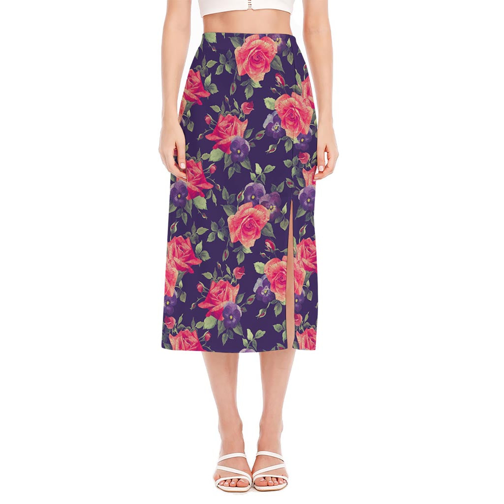 Rose Pansy Floral Flower Pattern Print Side Slit Midi Skirt