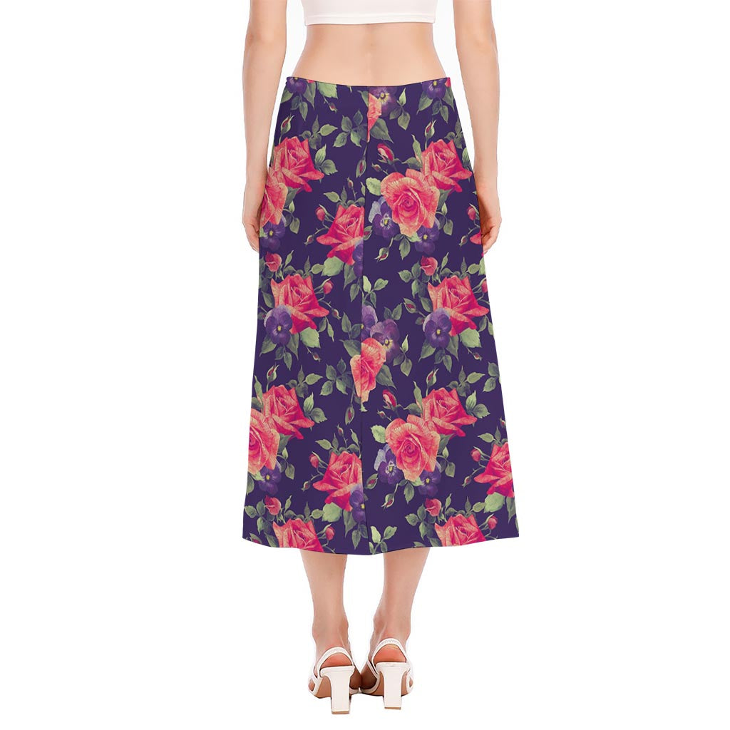 Rose Pansy Floral Flower Pattern Print Side Slit Midi Skirt