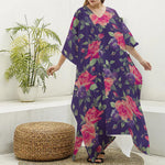 Rose Pansy Floral Flower Pattern Print Silk V-Neck Kaftan Dress