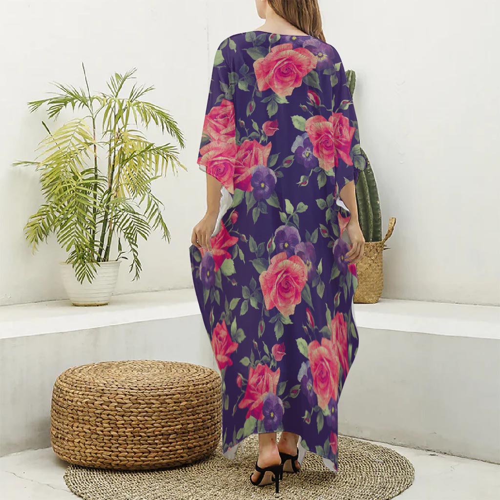 Rose Pansy Floral Flower Pattern Print Silk V-Neck Kaftan Dress