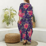 Rose Pansy Floral Flower Pattern Print Silk V-Neck Kaftan Dress