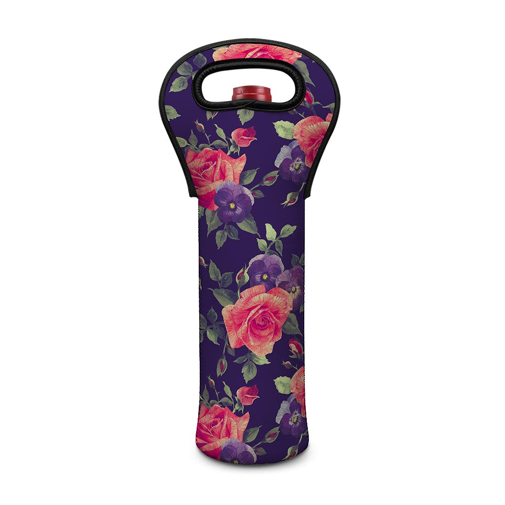 Rose Pansy Floral Flower Pattern Print Single Neoprene Wine Tote