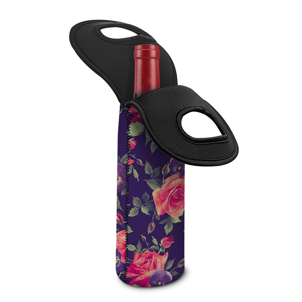 Rose Pansy Floral Flower Pattern Print Single Neoprene Wine Tote