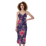 Rose Pansy Floral Flower Pattern Print Slim Fit Midi Cami Dress