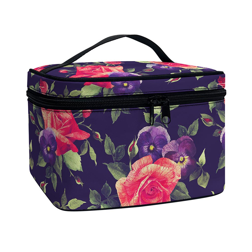 Rose Pansy Floral Flower Pattern Print Travel Makeup Bag