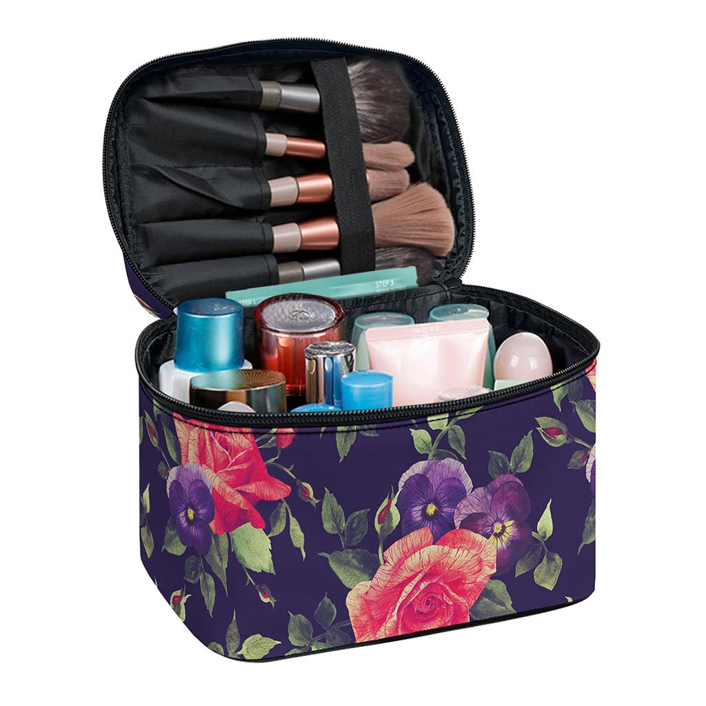 Rose Pansy Floral Flower Pattern Print Travel Makeup Bag