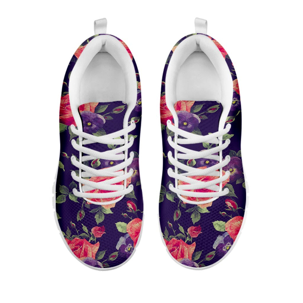 Rose Pansy Floral Flower Pattern Print White Running Shoes