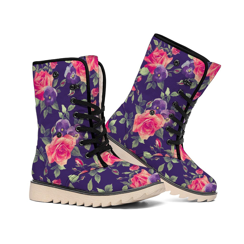 Rose Pansy Floral Flower Pattern Print Winter Boots