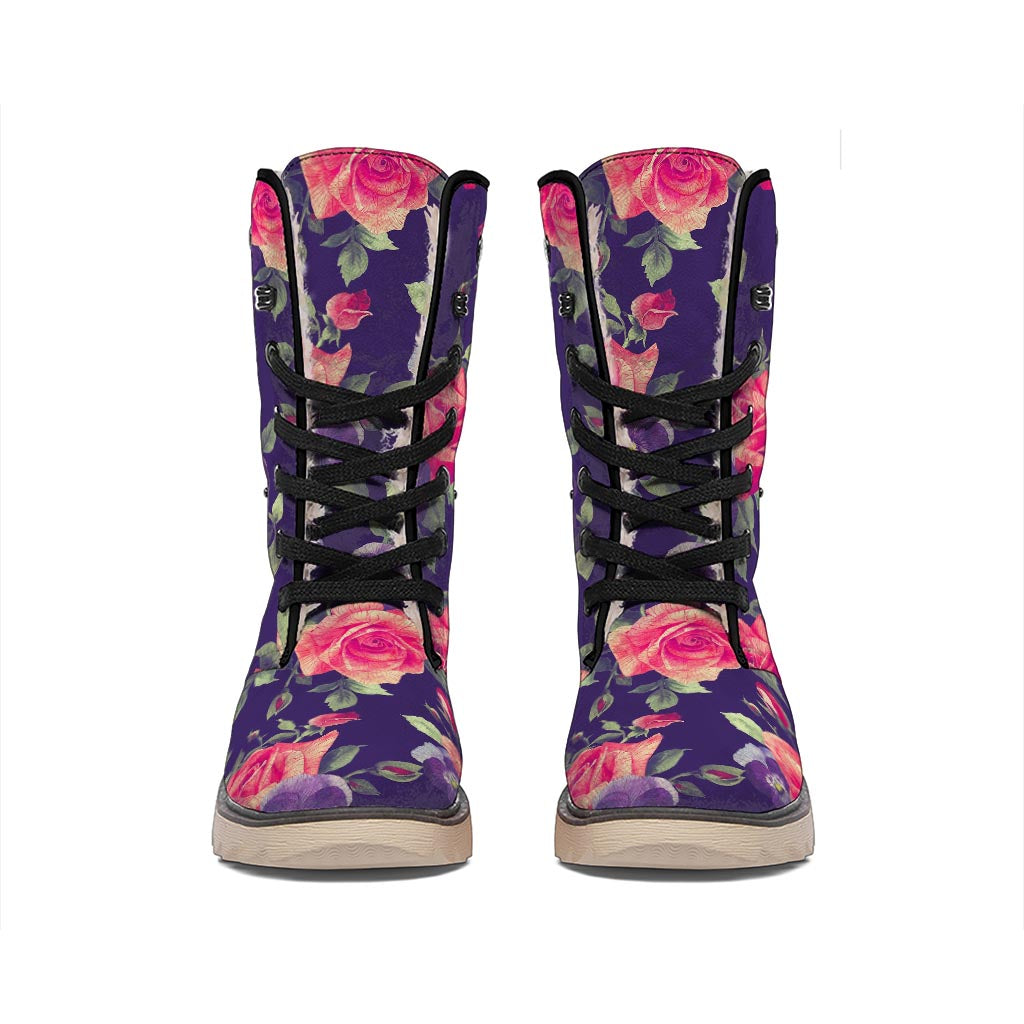 Rose Pansy Floral Flower Pattern Print Winter Boots