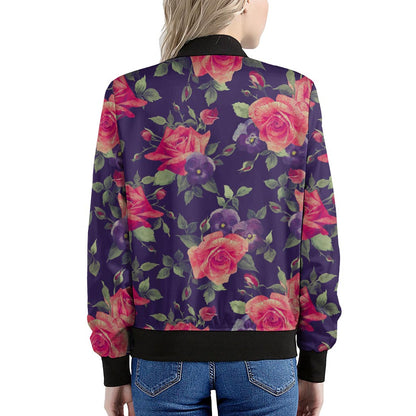 Rose Pansy Floral Flower Pattern Print Women's Bomber Jacket