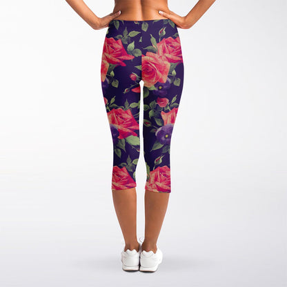 Rose Pansy Floral Flower Pattern Print Women's Capri Leggings