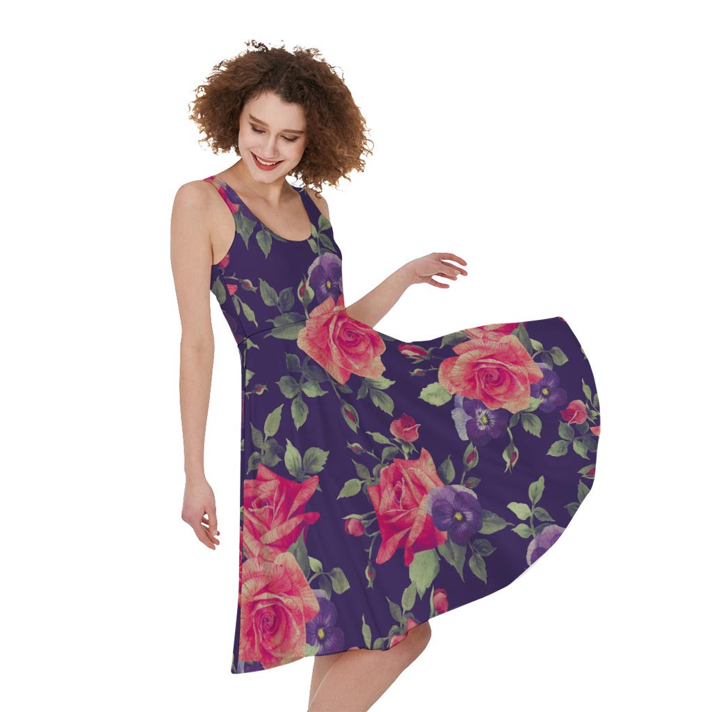 Rose Pansy Floral Flower Pattern Print Women's Sleeveless Dress