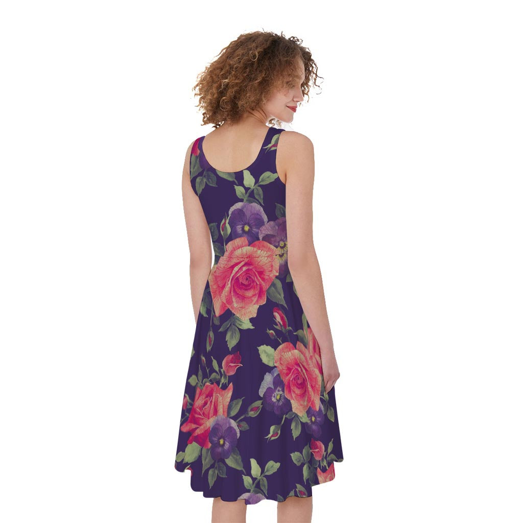 Rose Pansy Floral Flower Pattern Print Women's Sleeveless Dress