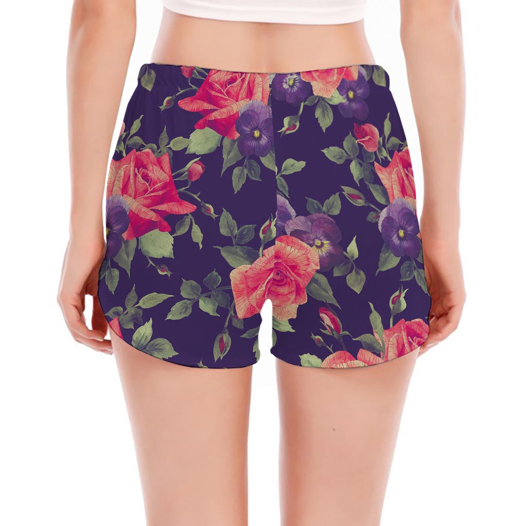 Rose Pansy Floral Flower Pattern Print Women's Split Running Shorts
