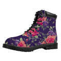 Rose Pansy Floral Flower Pattern Print Padded Collar Lace Up Boots