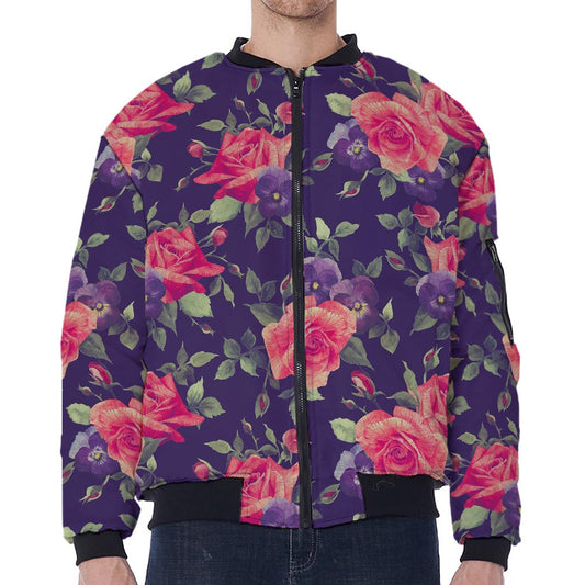 Rose Pansy Floral Flower Pattern Print Zip Sleeve Bomber Jacket