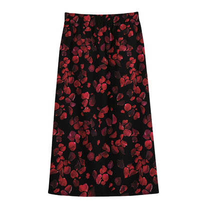 Rose Petals Pattern Print Cotton Front Slit Maxi Skirt