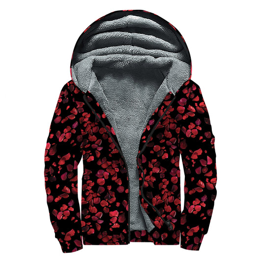 Rose Petals Pattern Print Sherpa Lined Zip Up Hoodie