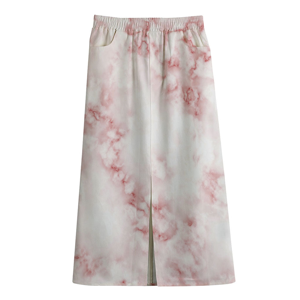 Rose Pink Marble Print Cotton Front Slit Maxi Skirt