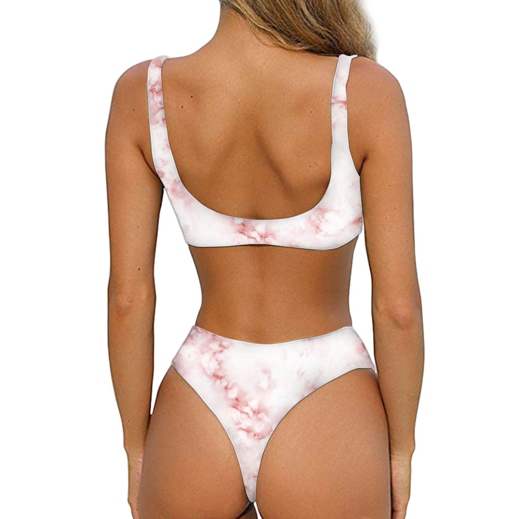 Rose Pink Marble Print Front Bow Tie Bikini