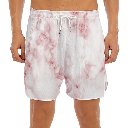 Rose Pink Marble Print Men's Split Running Shorts