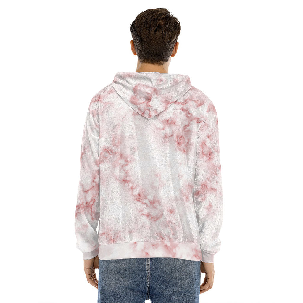 Rose Pink Marble Print Men's Velvet Pullover Hoodie