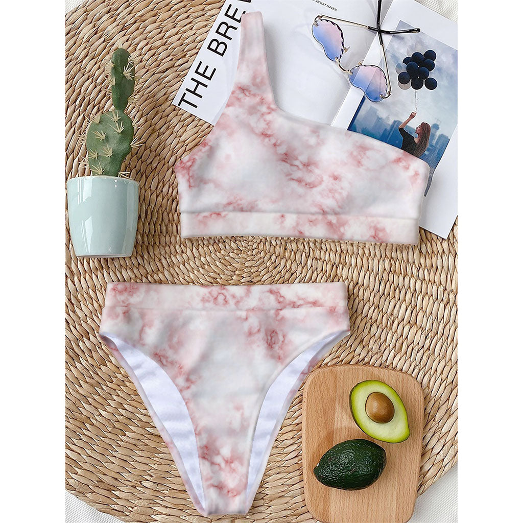Rose Pink Marble Print One Shoulder Bikini Top