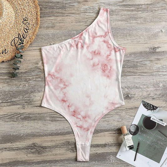 Rose Pink Marble Print One Shoulder Bodysuit