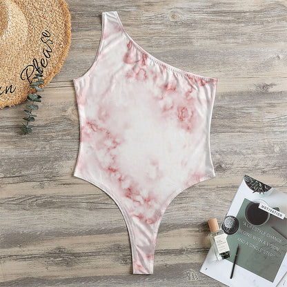 Rose Pink Marble Print One Shoulder Bodysuit