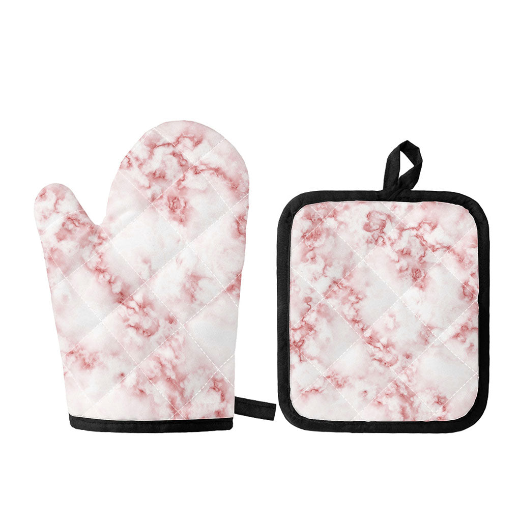 Rose Pink Marble Print Oven Mitt And Pot Holder Set