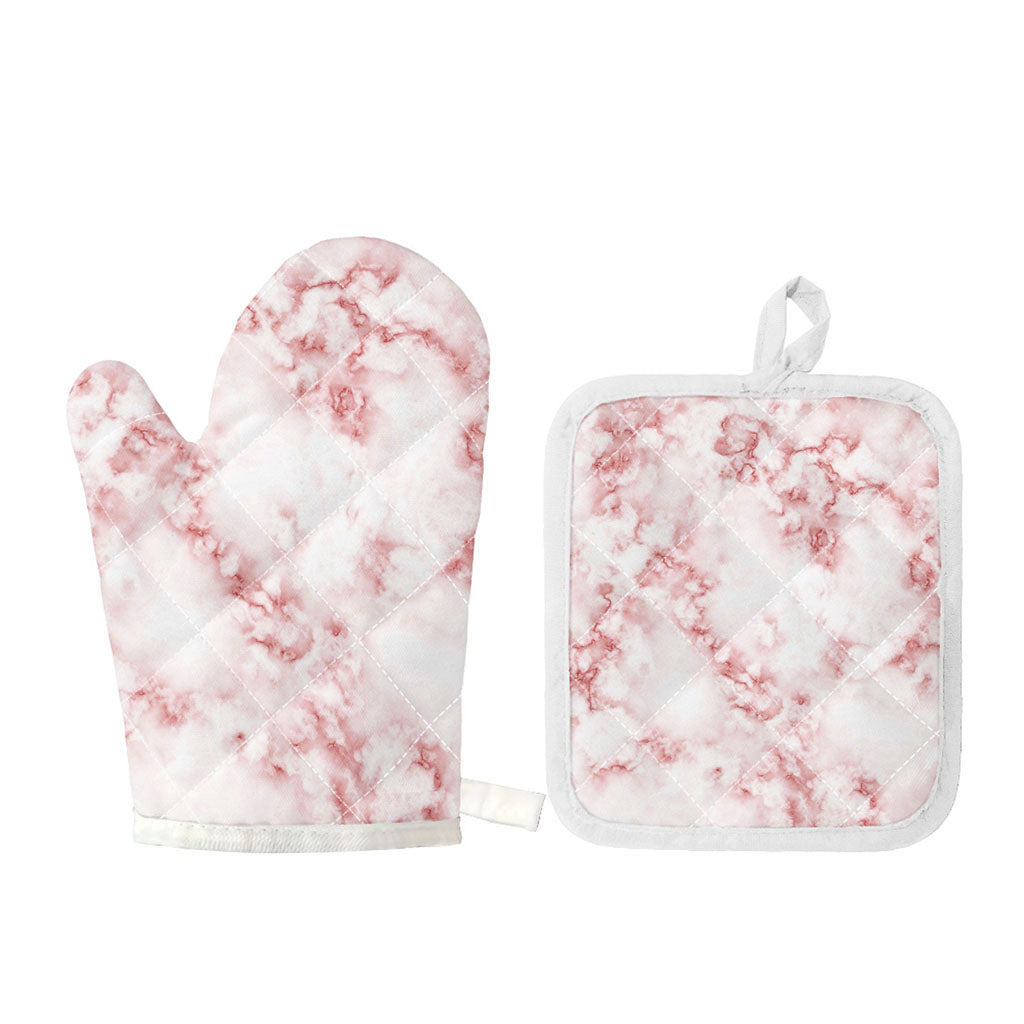 Rose Pink Marble Print Oven Mitt And Pot Holder Set