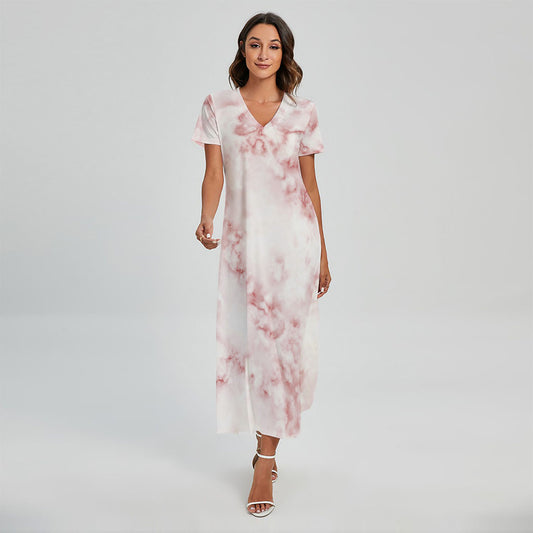 Rose Pink Marble Print Short Sleeve Maxi Dress