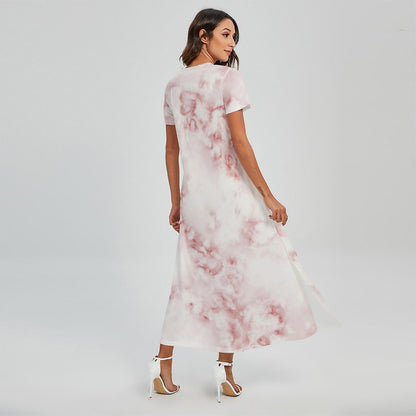 Rose Pink Marble Print Short Sleeve Maxi Dress