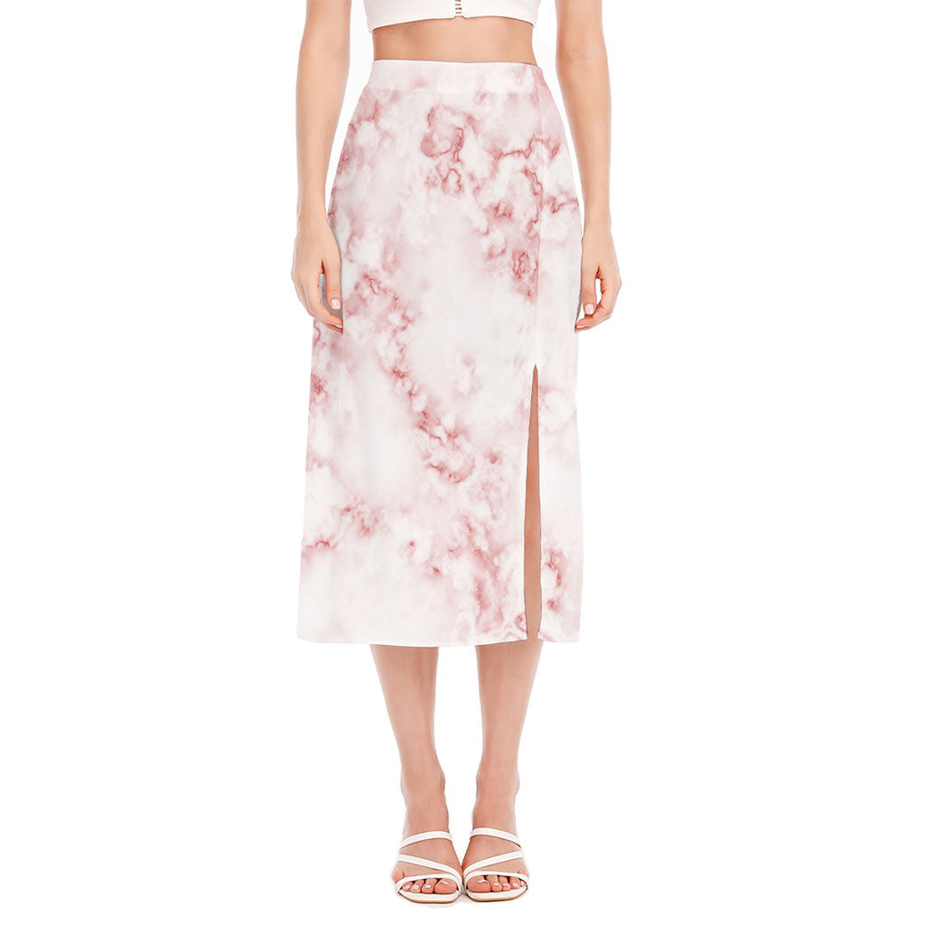 Rose Pink Marble Print Side Slit Midi Skirt