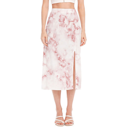 Rose Pink Marble Print Side Slit Midi Skirt