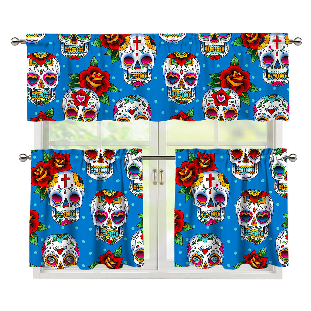 Rose Sugar Skull Pattern Print 3 Piece Kitchen Curtains