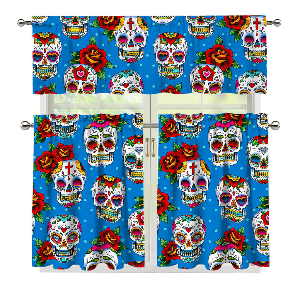 Rose Sugar Skull Pattern Print 3 Piece Kitchen Curtains