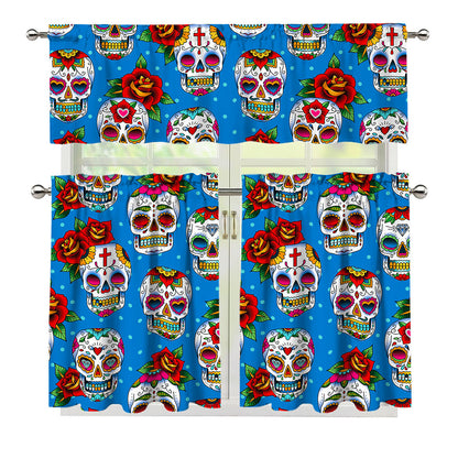 Rose Sugar Skull Pattern Print 3 Piece Kitchen Curtains