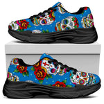 Rose Sugar Skull Pattern Print Black Chunky Shoes