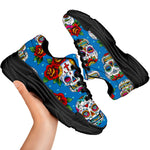 Rose Sugar Skull Pattern Print Black Chunky Shoes
